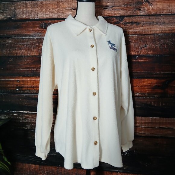 Artisans Vintage Top XL White Terry Fleece Embroidered Moose Button Up USA Made - Picture 4 of 11